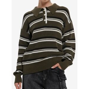 new Hot Topic Womens Dark Green Black White Striped Girls Rugby Sweater preppy 3